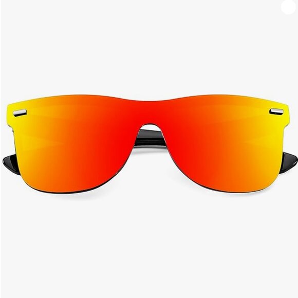 Rimless Mirrored One Piece Lens Sunglasses Reflective Sunglasses Gold/Red Lenses - Picture 2 of 7